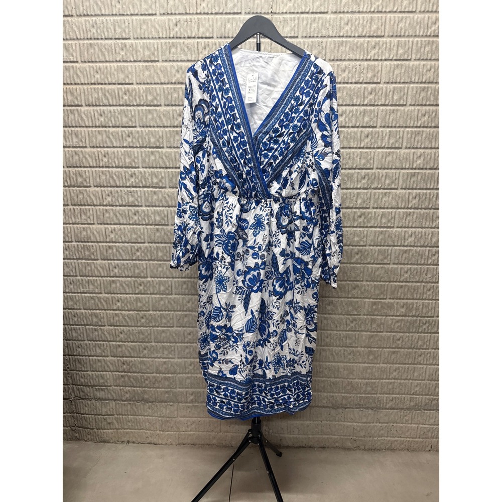 Cupshe‎ Blue White Floral Porcelain Print V-Neck Midi Dress Long Sleeve 2X NWT